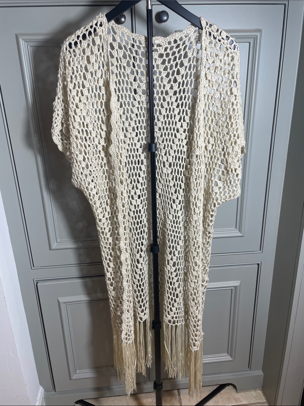 Crochet and Fringe Kimono Shawl Cover-Up in Cream